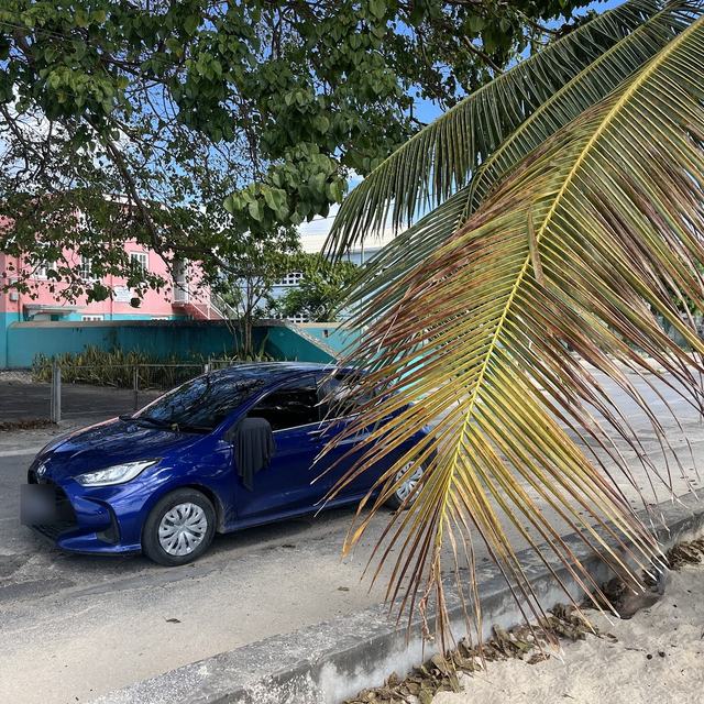 Blue hatchback near the beach